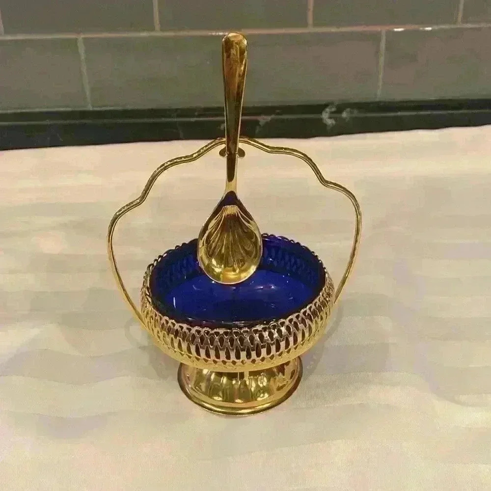 Vintage Cobalt Blue Glass and Silver Plated Confiture Bowl with  Spoon